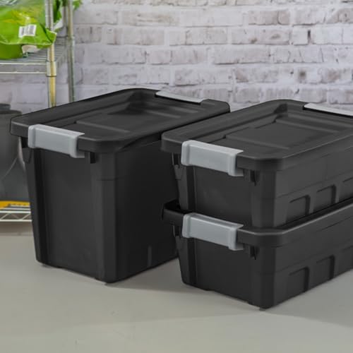 Sterilite 6-Pack Stacker Tote, Stackable Plastic Storage Bins with Lids, 4 Gallon, Black - Small Organizer Bin Containers for Bed, Garage, Office, Kitchen, and Classroom Organization