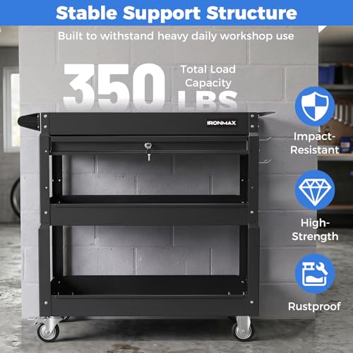 Goplus 3 Tier Rolling Tool Cart with Lockable Drawer, Heavy Duty Metal Utility Cart on Wheels with Pegboards & Hooks, Mechanic Tool Storage Organizer for Garage, Warehouse & Workshop (Black)