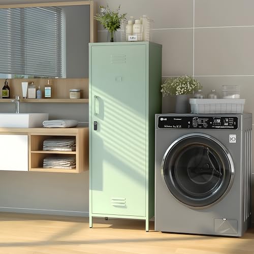 Epochsteele Metal Locker Storage Cabinets Lockable Single File Storage Cabinet with Door and Removable Shelves Kids Locker for School Gym Pantry Kitchen (Green)