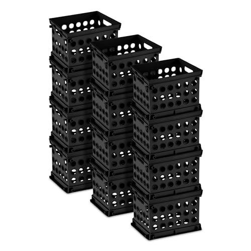 Sterilite Mini Crate, Stackable Plastic Storage Bin with Handles, Organize Home, Garage, Office, School, Dorm Room, Black, 12-Pack