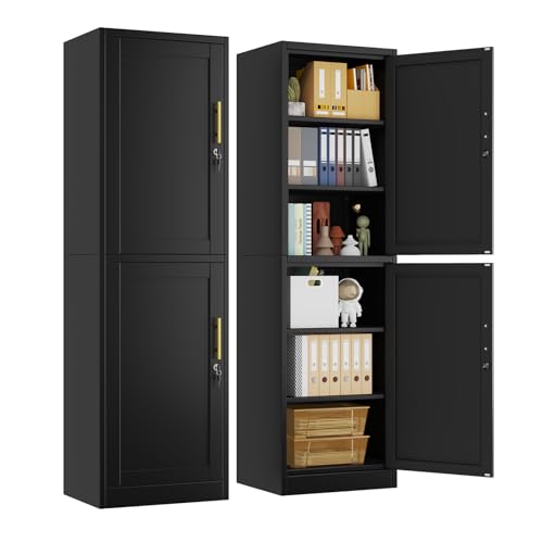 pozdeg 67" Metal Storage Cabinet with Lock, Tall Narrow Office File Cabinets with 2 Doors & 4 Adjustable Shelves, Metal Steel Locker for Home, School, Office, Garage or Gym (Black)