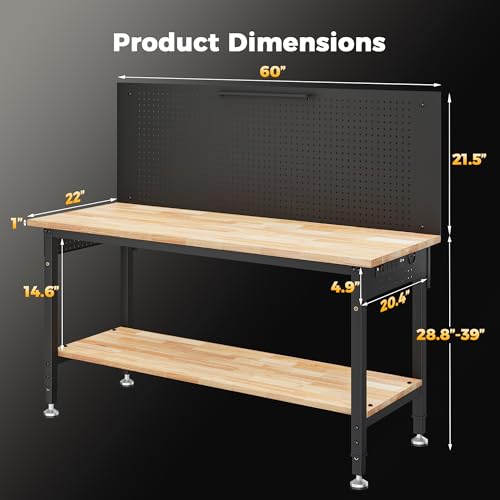 CAMMOO 60" Work Bench Adjustable Height with Storage Shelf, Max Load 2000 LBS Heavy Duty Rubberwood Tabletop with Pegboard, LED Light, Built-in Power Strip for Woodworking Shop, Garage, Home