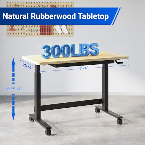 FLEXIMOUNTS 47.2" x 23.6" Adjustable Height Workbench with Hand Crank, Drawers & 360° Wheels – Rubber Wood Top Heavy-Duty Workstation & Steel Frame for Garage, Studio, Kitchen or Workshop