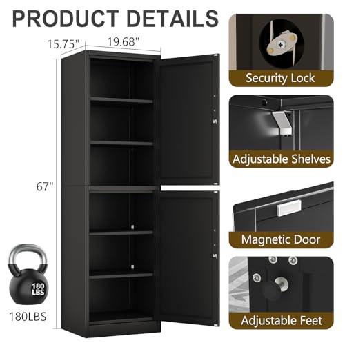 pozdeg 67" Metal Storage Cabinet with Lock, Tall Narrow Office File Cabinets with 2 Doors & 4 Adjustable Shelves, Metal Steel Locker for Home, School, Office, Garage or Gym (Black)