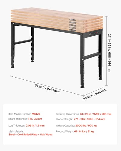 VEVOR Adjustable Workbench, 2000 lbs Capacity, 61 x 20-inch Heavy Duty Work Bench with 27.1-36 Inches Height Adjustment, Garage Workbench with Power Outlets, Suitable for Office, Garage, Workshop