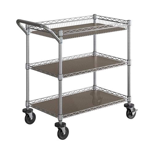 Seville Classics UltraDurable NSF Commercial Heavy Duty Metal Rolling Utility Cart, w/ Steel Shelves, Handle Bar for Restaurant, Garage, Warehouse, Kitchen, Office, Top Basket 35.5"W x 20.25"D, Chrome
