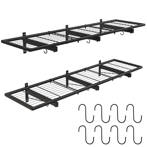 2 Pack Garage Wall Shelves, 46"X 12.5" Garage Shelving Wall Mounted, Heavy Duty Shelf Organizer with 8 Hooks, Black Floating Storage Metal Rack 320 LBS Capacity for Laundry Room, Office, Basement