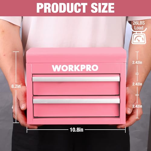 WORKPRO Metal Mini Tool Box, Top Tool Chest containing Two Drawers with Ball Bearing Slides, PVC Drawer Liners and PP Feet Pads, Cold Rolled Steel Small Toolbox for Multi-Purpose Storage - Pink Ribbon