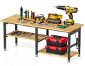 MUWOOD 72”Heavy Duty Work Bench, 2-Layer Adjustable Workbench, 5000 LBS Capacity Work Bench with Power Outlet & Pegboard, Rubber Wood Work Table for Garage, Workshop, Office, Home