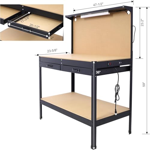 Heavy-Duty Steel Workbench with LED Light, 59'' Tool Storage Bench with Power Outlets & USB Ports, 200 lbs Capacity, Workbench with Pegboard & 2 Drawers for Garage or Workshop