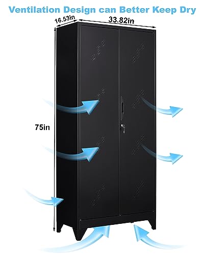 YILFANA 75" Metal Storage Cabinet with Lockable Doors, Functional Garage Storage Cabinets, Heavy-Duty Tool Organization Cabinet with Hanging Rod & S-Hooks (75" Utility Closet)