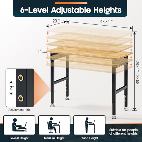 Albott 44x20 in Adjustable Workbench with Power Outlets, 2000 LBs Heavy Duty Wood Workbench with Hooks, Solid Rubber Wood Top for Garage, Workshop, Woodworking, Home Office