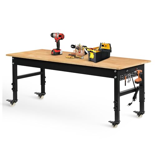 Betterhood 70" Adjustable Workbench on Wheels, 2000 LBS Heavy Duty Work Table with Power Outlets & Pegboard, Rubber Wood Workstation for Garage, Workshop, Office, Home, Commercial