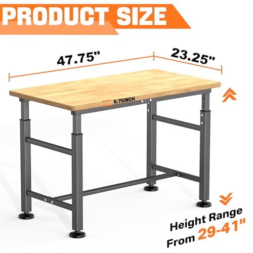TORACK Adjustable Workbench with Rubberwood Top, 47.75" x 23.25" Heavy-Duty Garage Work Table, Height Adjustable 29"–41", Supports Up to 2000 lbs