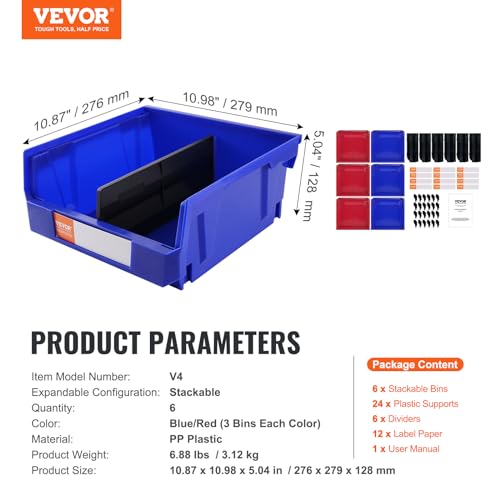 VEVOR Plastic Storage Bins 6 Pack (11 x 11 x 5-Inch), Hanging Stackable Storage Organizer Bins, Heavy Duty Stacking Containers for Closet, Garage, Office, Home, Pantry or Small Parts Organization