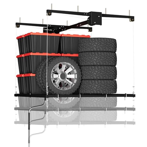 Overhead Garage Lifting Storage Rack, Maximize Your Garage Storage with Our 4x4 Ft Heavy-Duty Ceiling Storage Rack System, Supports 350 lbs, Adjustable & Easy to Install (Black 4x4 ft)