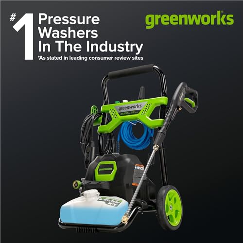 Greenworks 2000 PSI (1.2 GPM) Electric Pressure Washer (25°, 40°, Soap, and Turbo Nozzle) For Use On Decks, Fences, Concrete Patios, Sidewalks & More. Medium-Duty