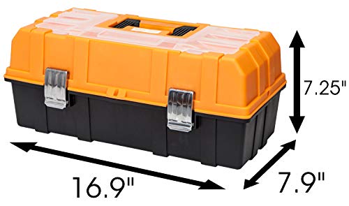 BIG RED ATRJH-3430B Torin 17" Plastic 3-Layer Multi-Function Storage Tool Box with Tray and Dividers, Black/Orange