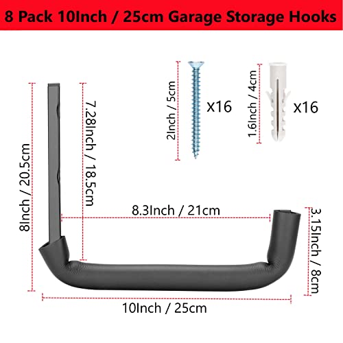 Heavdace 8 Pack Garage Storage Hooks,10 Inch Heavy Duty Ladder Storage Hanger, Wall Mounted Utility Rack