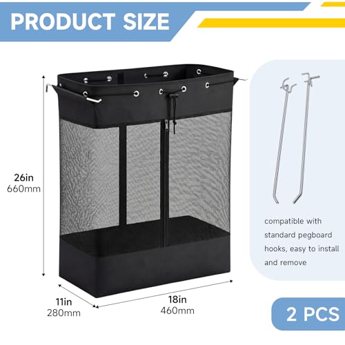 Gerrii 2 Pack Extra Large Pegboard Mesh Storage Baskets with 4 Hooks, 18 x 11 x 26 Inch Pegboard Wall Organizer Accessories with Zippered Front, Large Capacity, for Home Sport Garage Storage