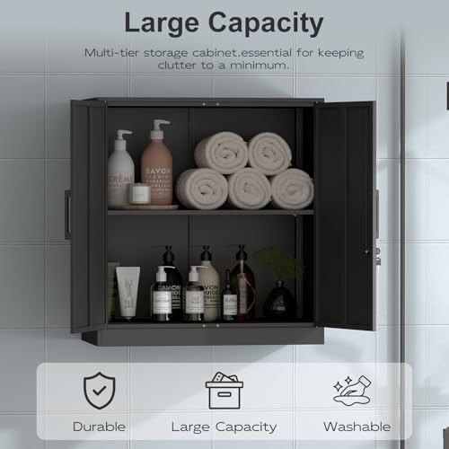 IRONFFICE Metal Wall Cabinet,Garage Cabinet with Handle,Lockable Storage Cabinets Wall Mounted with 2 Doors,Locking Cabinet with Shelves for Basement,Office,Living Home,Black