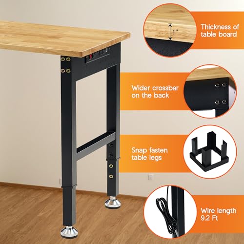Albott 44x20 in Adjustable Workbench with Power Outlets, 2000 LBs Heavy Duty Wood Workbench with Hooks, Solid Rubber Wood Top for Garage, Workshop, Woodworking, Home Office
