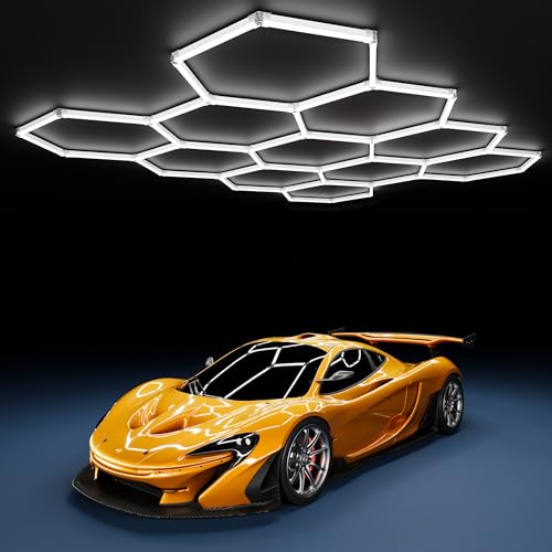 MODERN 11Grids Hexagon Garage Light: 48Pack 384W 47000LM High Brightness Hexagon Garage Lights-Easy Install Honeycomb Ceiling Lights for Warehouse, Gym Basement, Exhibition Hall