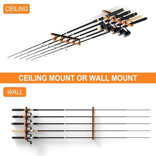bruwaa 2 Pack Horizontal Fishing Rod Holders for Garage Wall & Ceiling, Anti-Scratch Soft PU Pad Rod Rack, Fishing Pole Storage Organizer Holds up to 10 Rod, Wall Mount Rod Keepers for Casting Rods