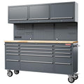 HAUTMEC 72" Rolling Tool Chest, Heavy-Duty Tool Cabinet with Wheels, Garage Workbench with 15 Drawers, 3 Upper Cabinets, Pegboard & 51 Hooks, Oak Worktop & Power Strip – HT0428