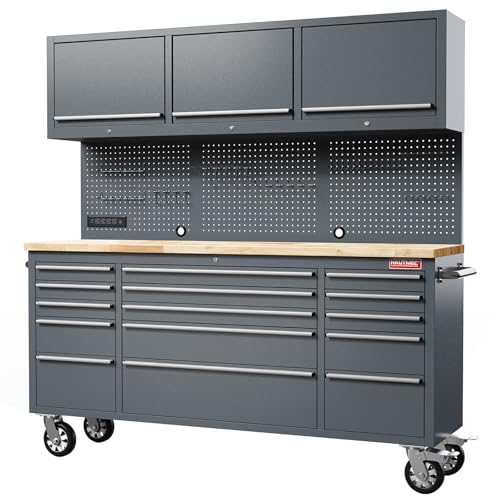 HAUTMEC 72" Rolling Tool Chest, Heavy-Duty Tool Cabinet with Wheels, Garage Workbench with 15 Drawers, 3 Upper Cabinets, Pegboard & 51 Hooks, Oak Worktop & Power Strip – HT0428