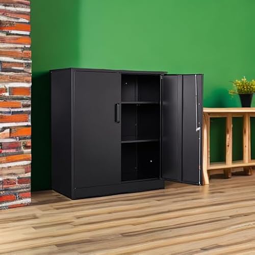 Yizosh Metal Garage Storage Cabinet with 2 Doors and 2 Adjustable Shelves - 35.5" Steel Lockable File Counter Cabinet for Home Office,Garage,Gym,School（Black）
