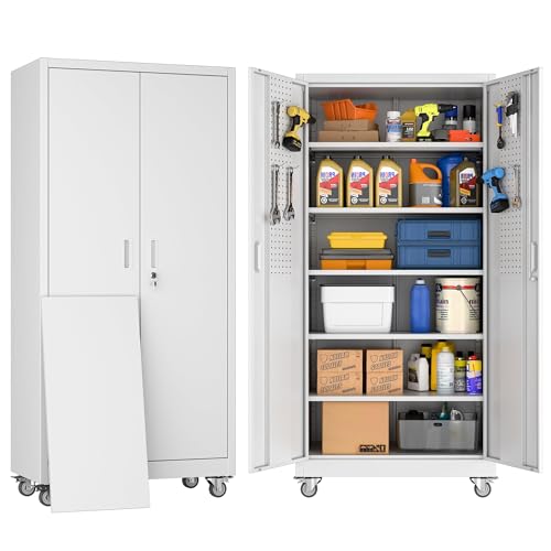 SUXXAN Metal Garage Storage Cabinet with Wheels and Pegboard 71'' x 34'' x 18'', Lockable Rolling Steel Cabinet with 5 Adjustable Shelves and Door for Garage, Office, Kitchen, Assembly Required
