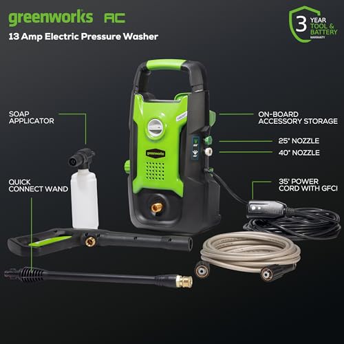 Greenworks 1600 PSI (1.2 GPM) Electric Pressure Washer (25°, 40°, Soap Applicator) Ideal For Cleaning Cars, Trucks, Boats, Outdoor Patio Furniture, Decks, and Windows