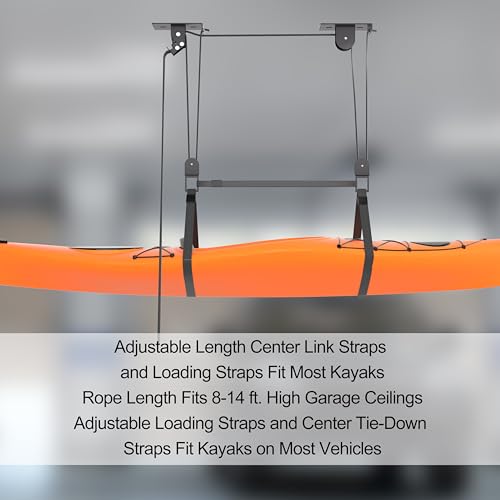 TRUSOON Kayak Hoist Pulley System for Garage, Durable Nylon Rope Ceiling Lift for 10-18 FT, Overhead Storage Rack for Canoe, Holds 150 LBS, Black