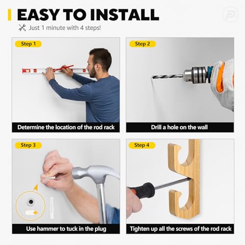PLUSINNO H5W Horizontal Fishing Rod/Pole Holders for Garage, Wall or Ceiling Mounted Rack, Solid Wood Fishing Rod Holder Holds up to 5/10/20 Rods or Combos Fishing Gear, Gifts for Men