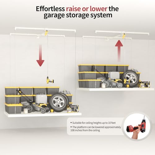 Garage Ceiling Storage Racks – 4x8 FT Overhead Garage Storage Rack with Safety Lock, Heavy-Duty Ceiling Mounted Lift System and Storage Organizer, Ideal for Maximizing Overhead Space, 325 lbs Capacity