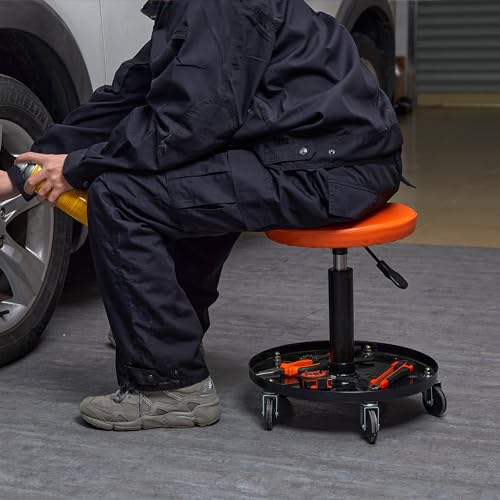 VEVOR Mechanic Stool, 250 LBS Rolling Pneumatic Creeper Garage/Shop Seat, Adjustable Height 16-22 inch in Padded Rolling Workshop Stool with Tool Tray, for Garage, Shop, Auto Repair, Black+Orange