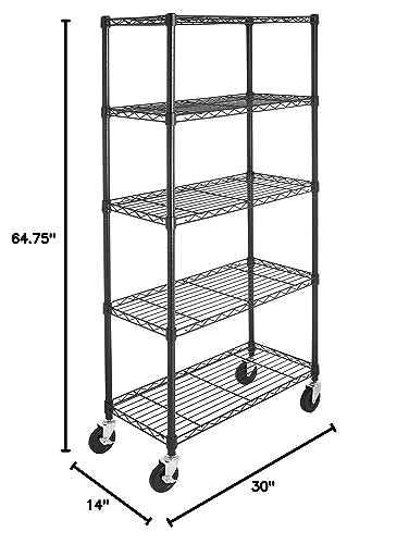Amazon Basics 5-Shelf Heavy Duty Garage Shelving Storage Rack with 4" Wheel Casters, Adjustable Metal Wire Organizer, 300 lbs Per Shelf, 30" x 14" x 64.75", Black