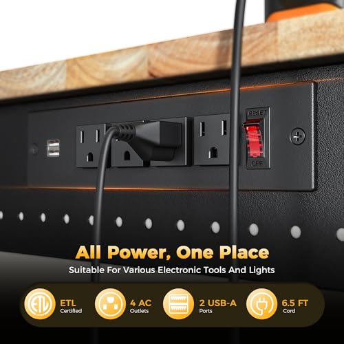 CAMMOO 48 Inch Adjustable Workbench 2000 LBS Capacity, Power Strip, Solid Rubber Wood Top, Heavy Duty Craft Work Table for Home, Garage, Workshop, and Office