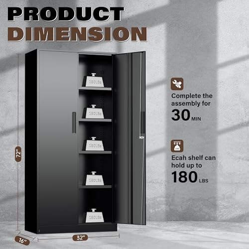 Incbruce 72” Metal Storage Cabinet, Garage Cabinets and Storage System with Doors and Shelves, Tall Lockable Tool Cabinet for Garage, Office, Home (Black)