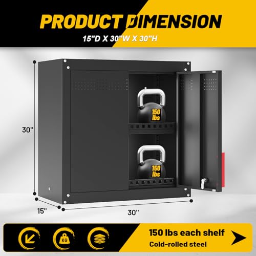 Eltean 30" Garage Wall Cabinet, Metal Wall Cabinet with Lock & Adjustable Shelf,Heavy-Duty Black Garage Storage Cabinet,Ventilated Metal Wall Cabinets for Workshop & Tools
