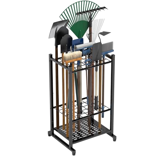 Garden Tool Organizer, Yard Tool Tower Rack for Garage Organization and Storage, Up to 35 Long-Handled Tools/Rakes/Brooms, Heavy Duty Steel Garden Tool Stand for Shed, Outdoor, Black