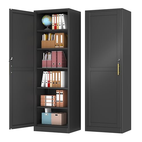Lusiwry Tall Narrow Slim Metal Storage Cabinet with Lock and 5 Adjustable Shelves,Steel File Cabinets,Kitchen Pantry Cabinet Locker Organizer - 67" Storage Cabinets for Bathroom,Bedroom,Office,Black