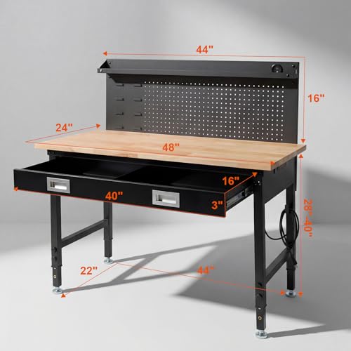 48" Adjustable Work Bench with Drawers, Workbench for Garage with Strip Light, Work Table with Large Pegboard, 2000 LBS Heavy Duty Table with Power Outlet Rubber Wood for Office, Workshop