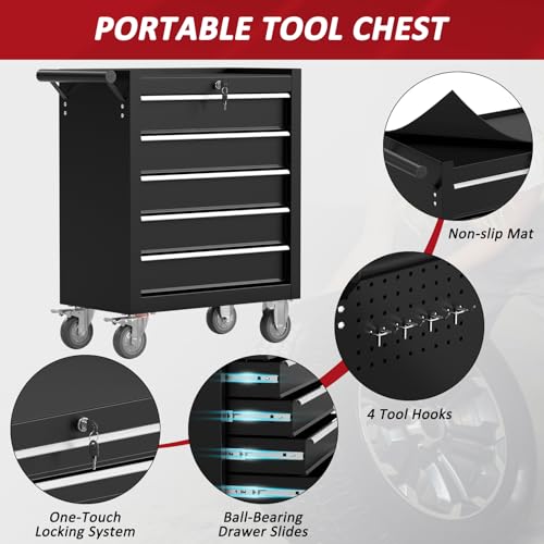 Kieperi 5 Drawers Rolling Tool Chest with Wheels, Portable Rolling Tool Boxes with Wheels, Tool Box Storage Cabinet with Locking System for Garage (Black, 5 Drawers)