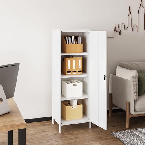 Steehoom Metal Locker Cabinet with Lock, Lockable Steel File Locker with Door and 3 Adjustable Narrow Storage Cabinet Shelves for Living Room, School, Pantry, Garage, Office (White, H59.06'')
