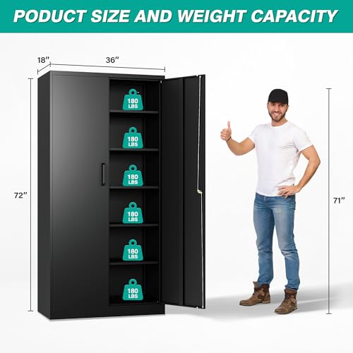 SISESOL Wide & Deep Metal Storage Cabinet with 2 Doors and 6 Shelves,72x36x18 Garage Storage Cabinet,Tall Black Locking Metal Cabinets with Lock,Steel Locked Cabinets for Home,Office,Garage,School