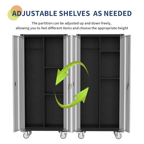 GarveeHome Metal Locker Storage Cabinet with Wheels 71" H with Doors and 2 Shelves Adjustable 4 Adjustable Feet for Home, Garage, Office, Shop