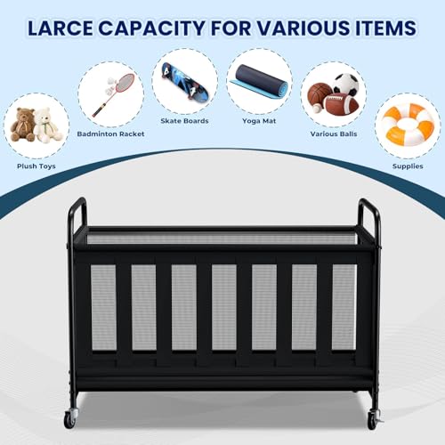 storenization Ball Storage Bin Large with Wheels, Outdoor Ball Storage for Garage, Sports Equipment Organizer Storing Volleyball, Basketball, Toys, Soccer and Baseball