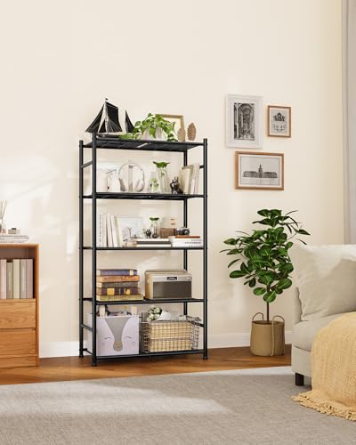 Sakugi Storage Shelves - 5-Tier Metal Storage Shelves with Wall Anchoring Kit & Leveling Feet, Sturdy Steel Shelf Organizer for Kitchen, Laundry Room, Bathroom, 23.6" x 13.7" x 59", Black